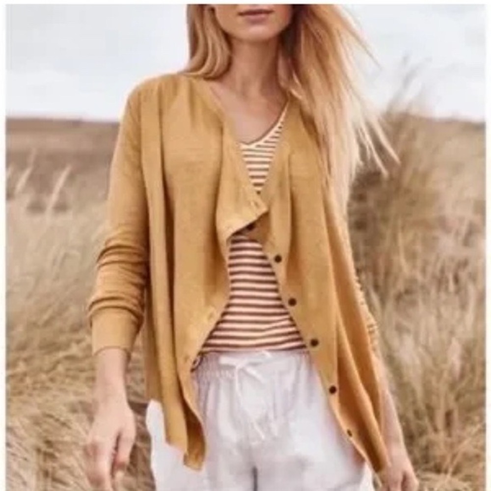 Garnet Hill Womens Mustard Yellow Easy Linen Drape Button Front Cardigan Sz M